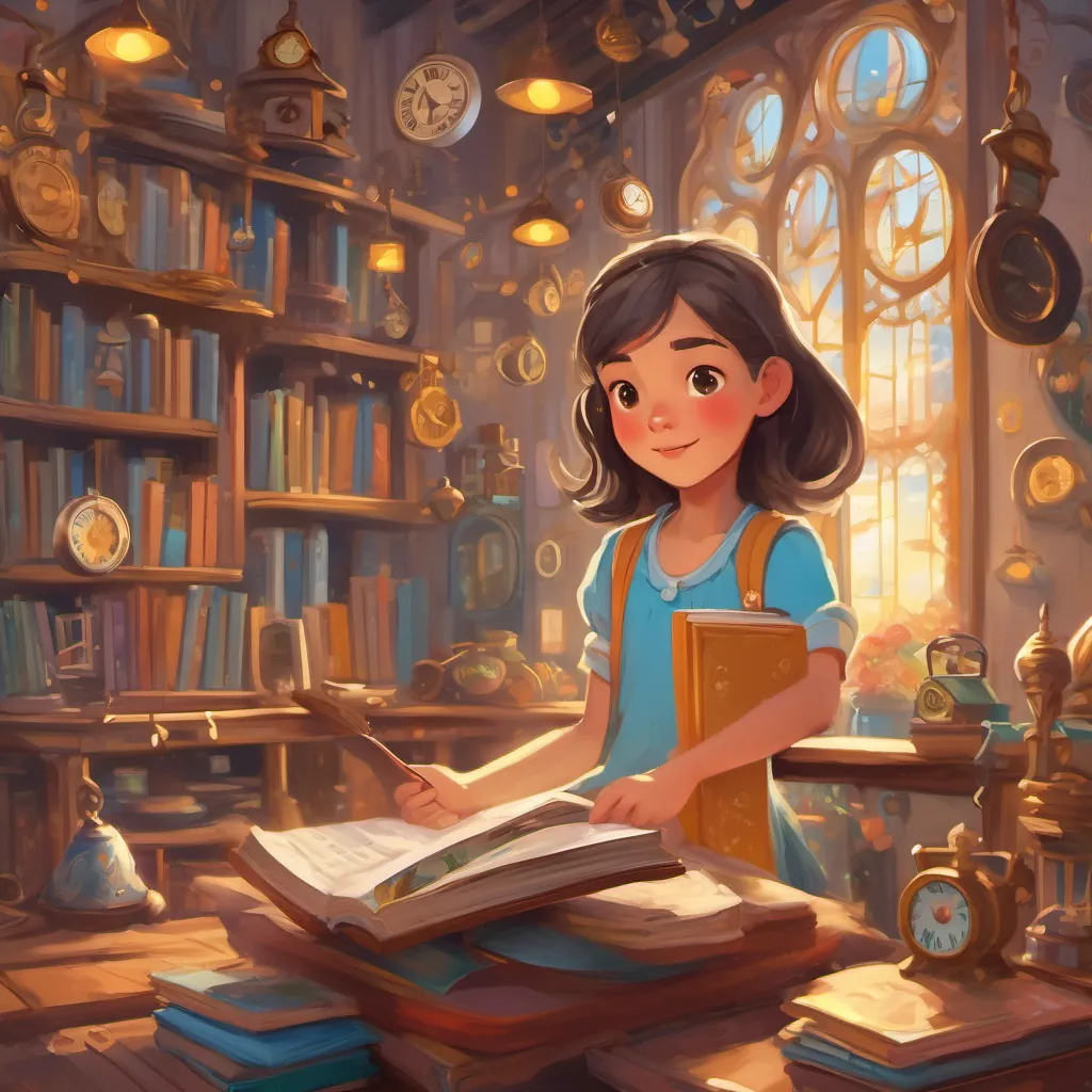 A curious and brave young girl with a love for reading, dressed in casual clothes, with bright eyes and an imaginative spirit in a land filled with dancing clocks, each playing a unique chime, representing various moments in time.