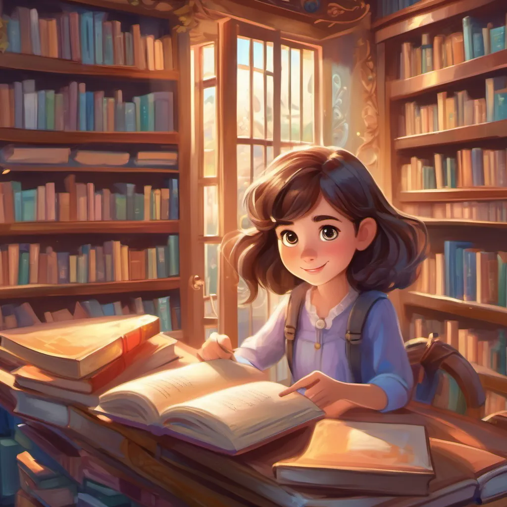 A curious and brave young girl with a love for reading, dressed in casual clothes, with bright eyes and an imaginative spirit back in the library, joyful and content, surrounded by books and the magical door slightly ajar.