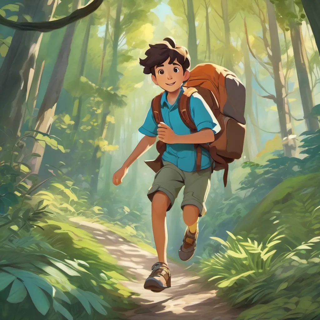 A young, adventurous boy with a backpack, exploring a magical forest, a young boy with a backpack and a map, skipping into a dense, magical forest with playful excitement.