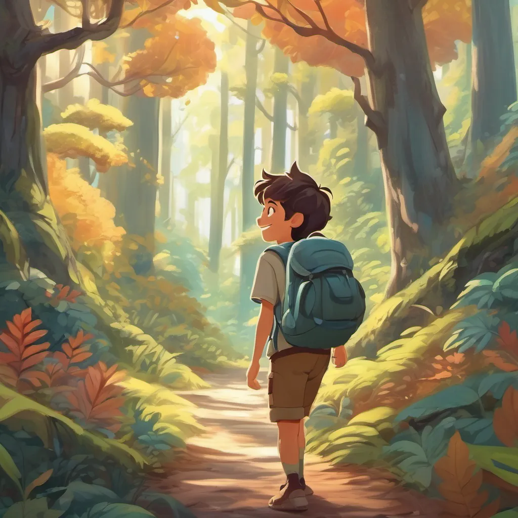 A young, adventurous boy with a backpack, exploring a magical forest waving back at the forest with a big smile, feeling happy and content.