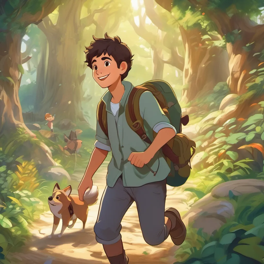 A young, adventurous boy with a backpack, exploring a magical forest in his village, surrounded by friends and animals, all smiling and happy.