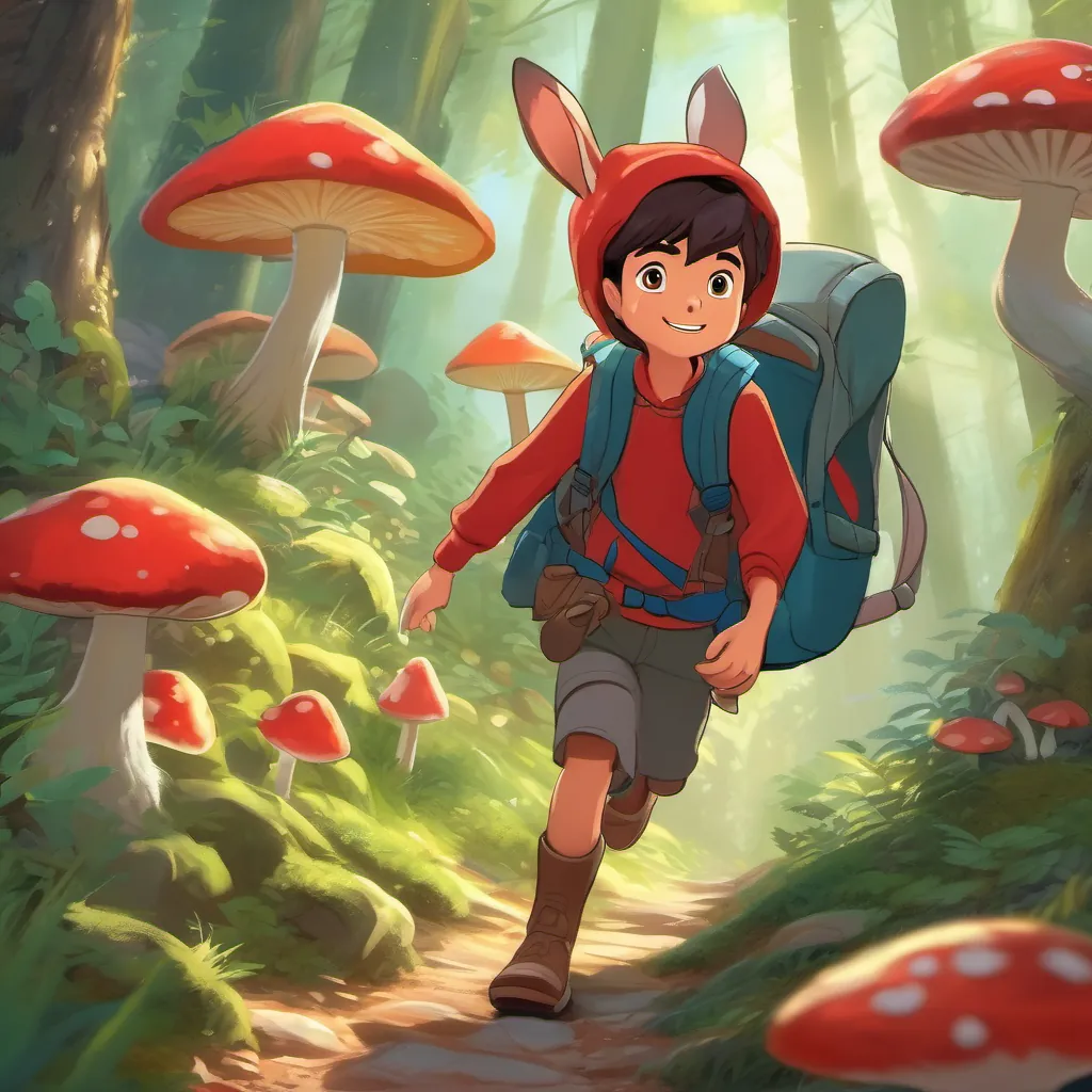 A young, adventurous boy with a backpack, exploring a magical forest clapping with joy while chasing A playful rabbit wearing a red scarf, Timmy's friend in the forest the rabbit, who is dodging behind glowing mushrooms.