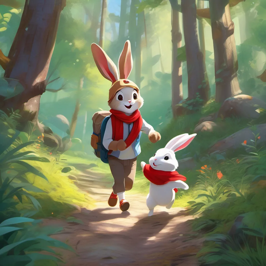 A playful rabbit wearing a red scarf, Timmy's friend in the forest the rabbit tumbling and squeaking as A young, adventurous boy with a backpack, exploring a magical forest catches up and playfully pushes him.