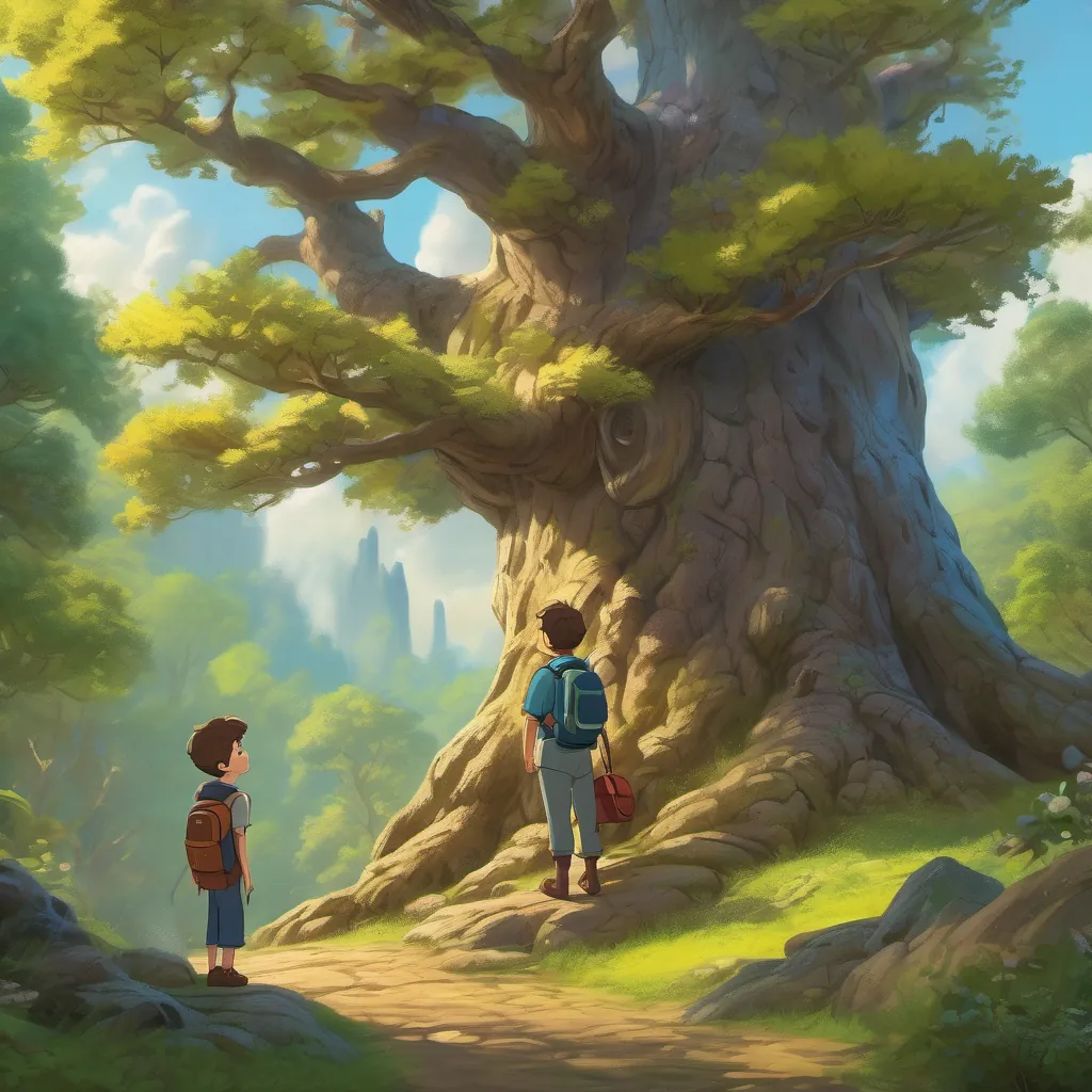 A wise, old oak tree with a face speaking kindly to A young, adventurous boy with a backpack, exploring a magical forest who has paused and is listening.