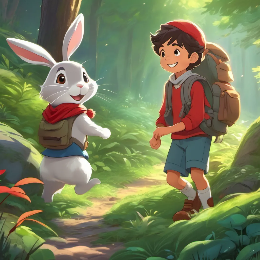 A young, adventurous boy with a backpack, exploring a magical forest apologizing to A playful rabbit wearing a red scarf, Timmy's friend in the forest the rabbit who is smiling happily, as they prepare to play gently.