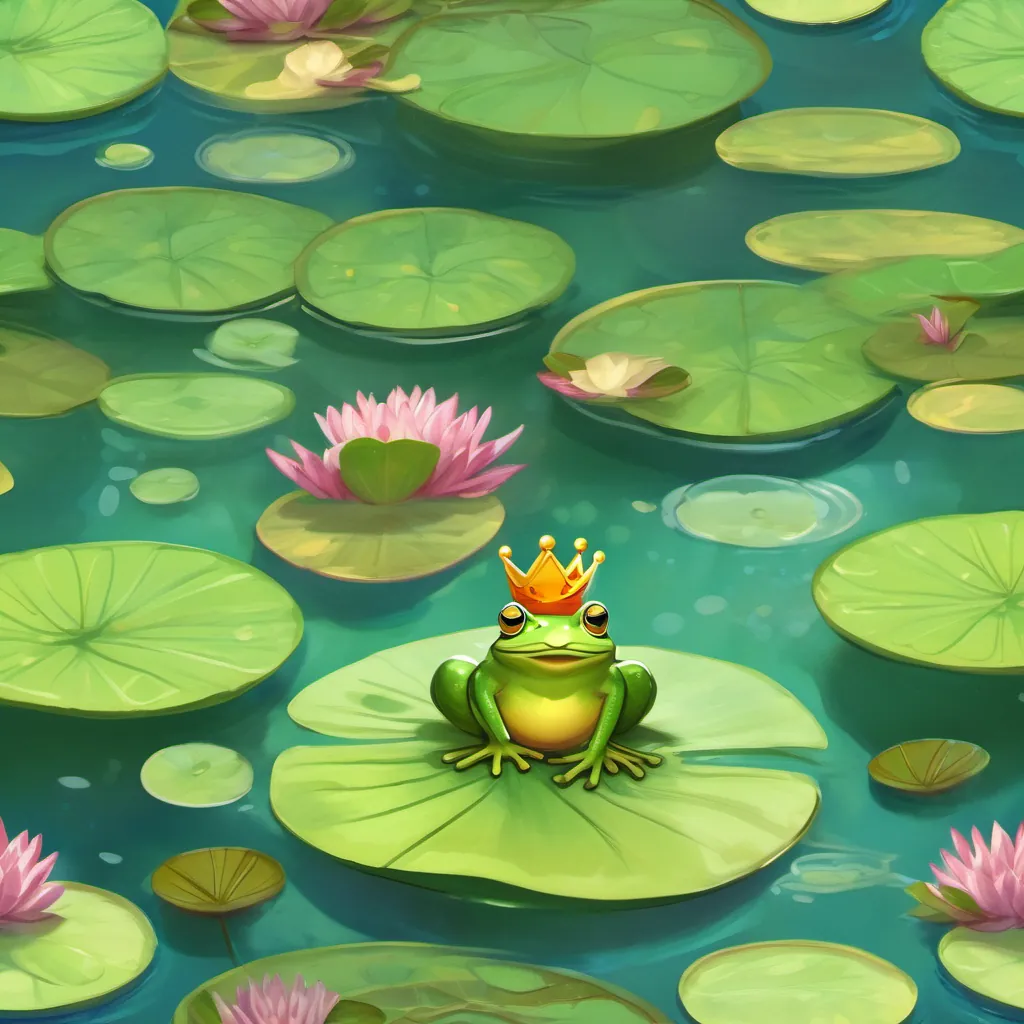 A frog king wearing a tiny crown, sitting on a lilypad and singing a cheerful song.
