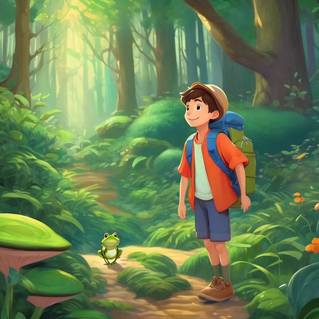 A young, adventurous boy with a backpack, exploring a magical forest nodding in appreciation while the frog king continues to sing, surrounded by a cheerful forest.