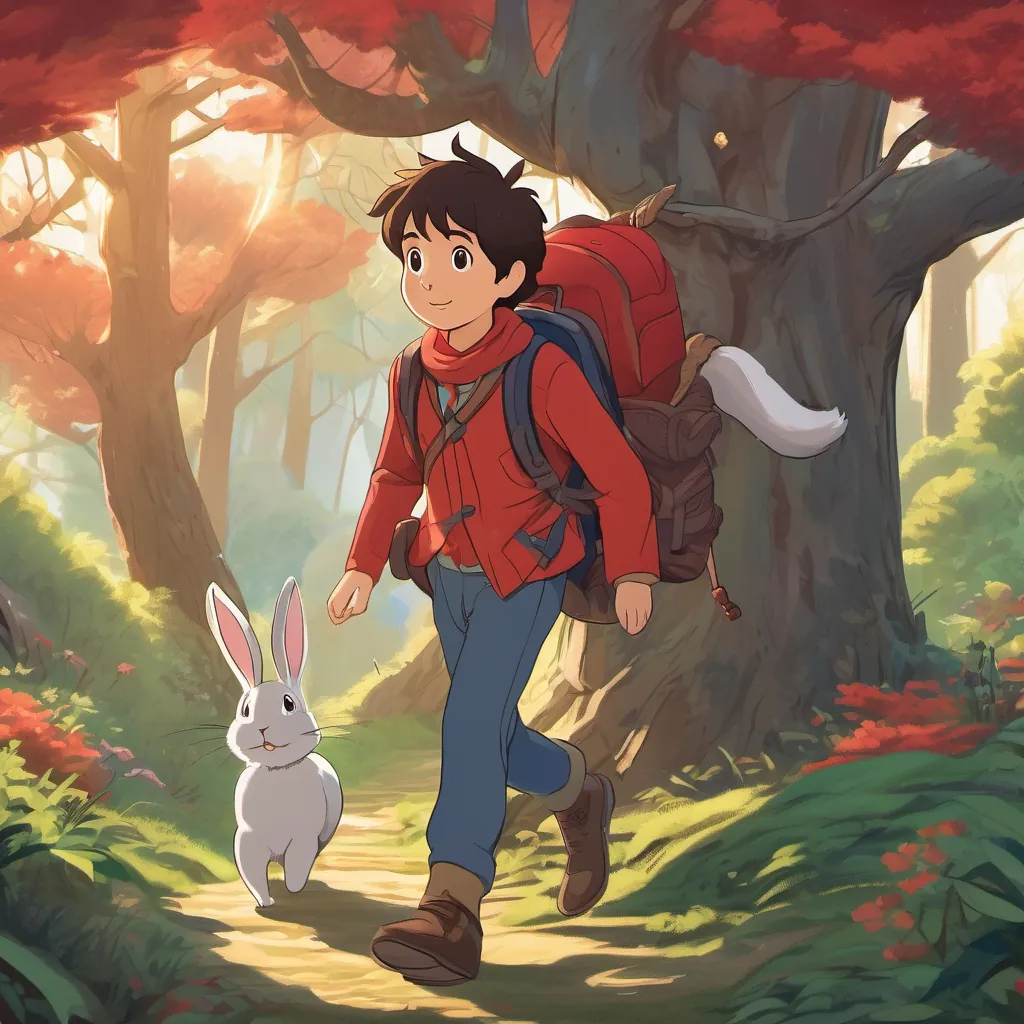 A young, adventurous boy with a backpack, exploring a magical forest and A playful rabbit wearing a red scarf, A young, adventurous boy with a backpack, exploring a magical forest's friend in the forest heading back to the village at sunset, with the talking trees waving their branches.