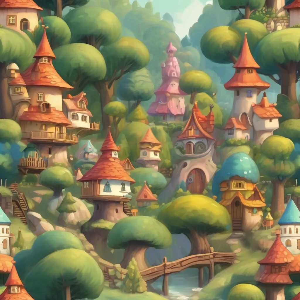 A whimsical village near a magical forest, with trees that have faces and animals in tiny hats.