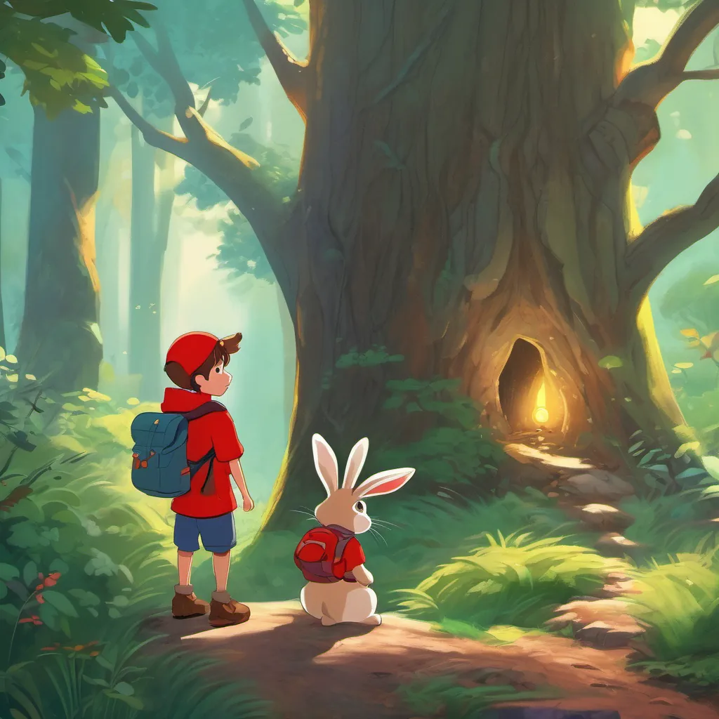 A rabbit wearing a red scarf speaking to A young, adventurous boy with a backpack, exploring a magical forest in the forest.