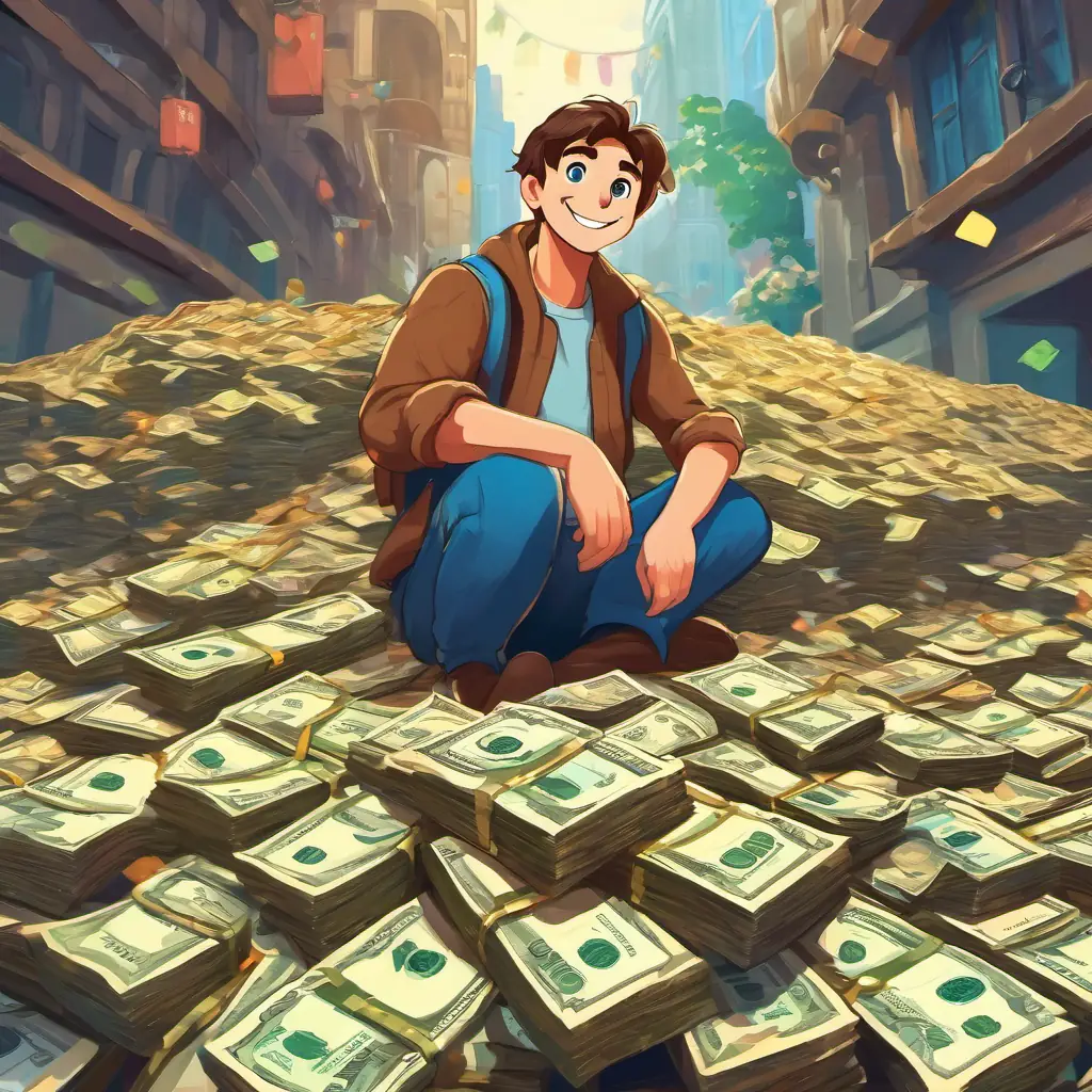 A picture of Mr Beast is a kind-hearted man with brown hair and blue eyes He is always smiling, especially when he's helping others sitting on a pile of money, with a big smile on his face. He has brown hair and blue eyes.