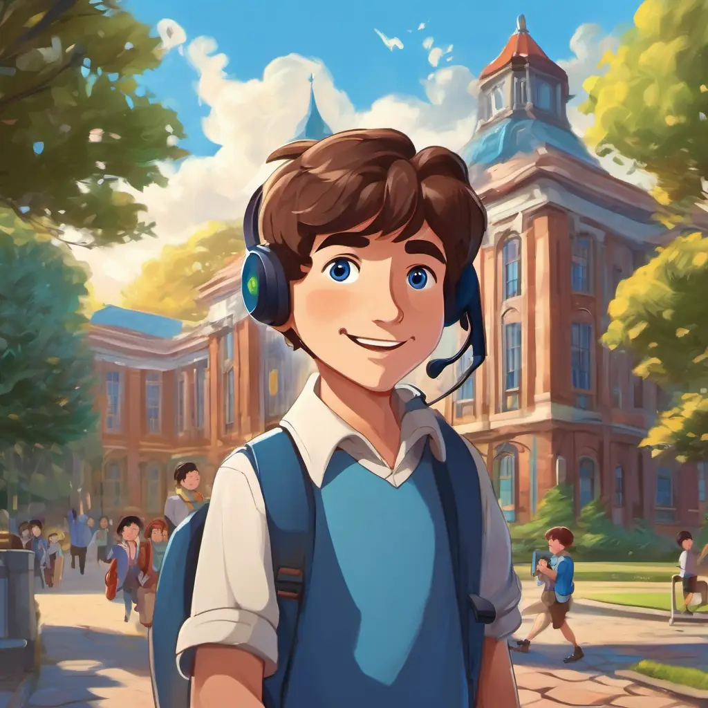 A picture of Mr Beast is a kind-hearted man with brown hair and blue eyes He is always smiling, especially when he's helping others on the phone, talking to the school principal. The school building is in the background, with kids playing outside.