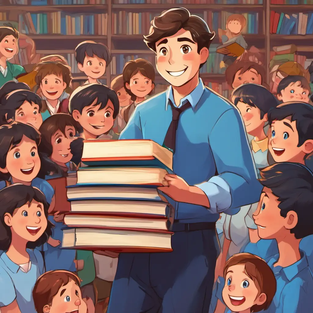 A picture of Mr Beast is a kind-hearted man with brown hair and blue eyes He is always smiling, especially when he's helping others standing in front of the school, surrounded by happy children holding books. The books are stacked in a neat pile beside them.