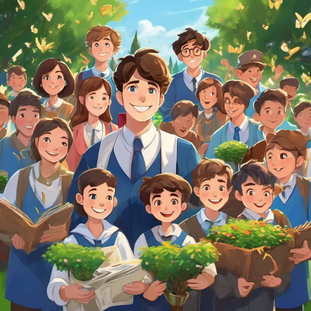 A picture of Mr Beast is a kind-hearted man with brown hair and blue eyes He is always smiling, especially when he's helping others surrounded by different people. Some are holding bills, others are wearing graduation caps, and a few are planting trees.