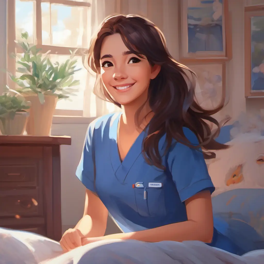 Introduction to Warm smile, blue scrubs, kind eyes, brunette hair, early morning in her bedroom.