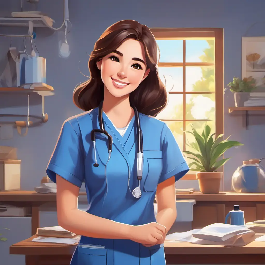 Warm smile, blue scrubs, kind eyes, brunette hair preparing for work, highlighting her uniform.