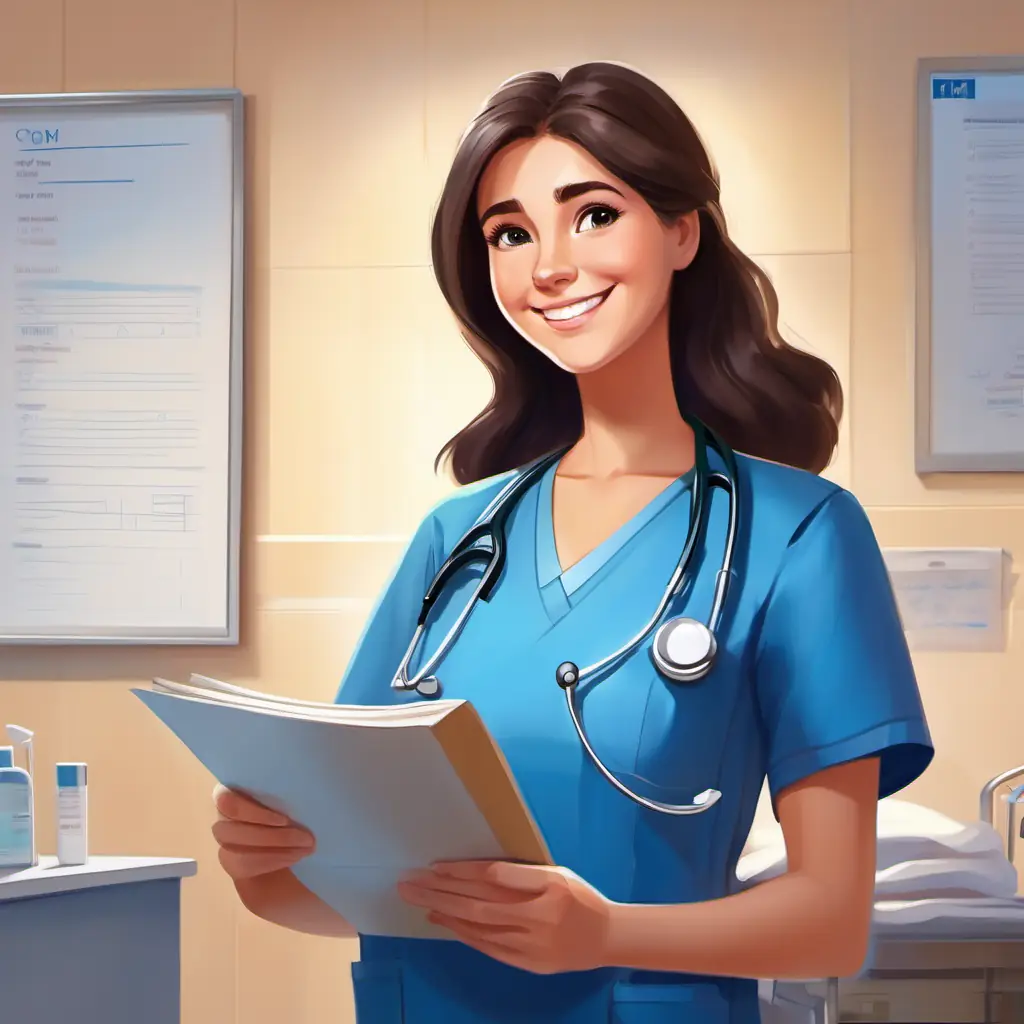 Warm smile, blue scrubs, kind eyes, brunette hair arrives at the hospital, reviews her patient list.