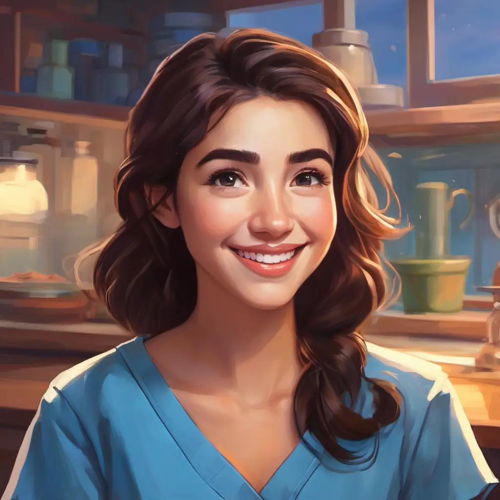 Warm smile, blue scrubs, kind eyes, brunette hair supporting Lily through her fear of injections.