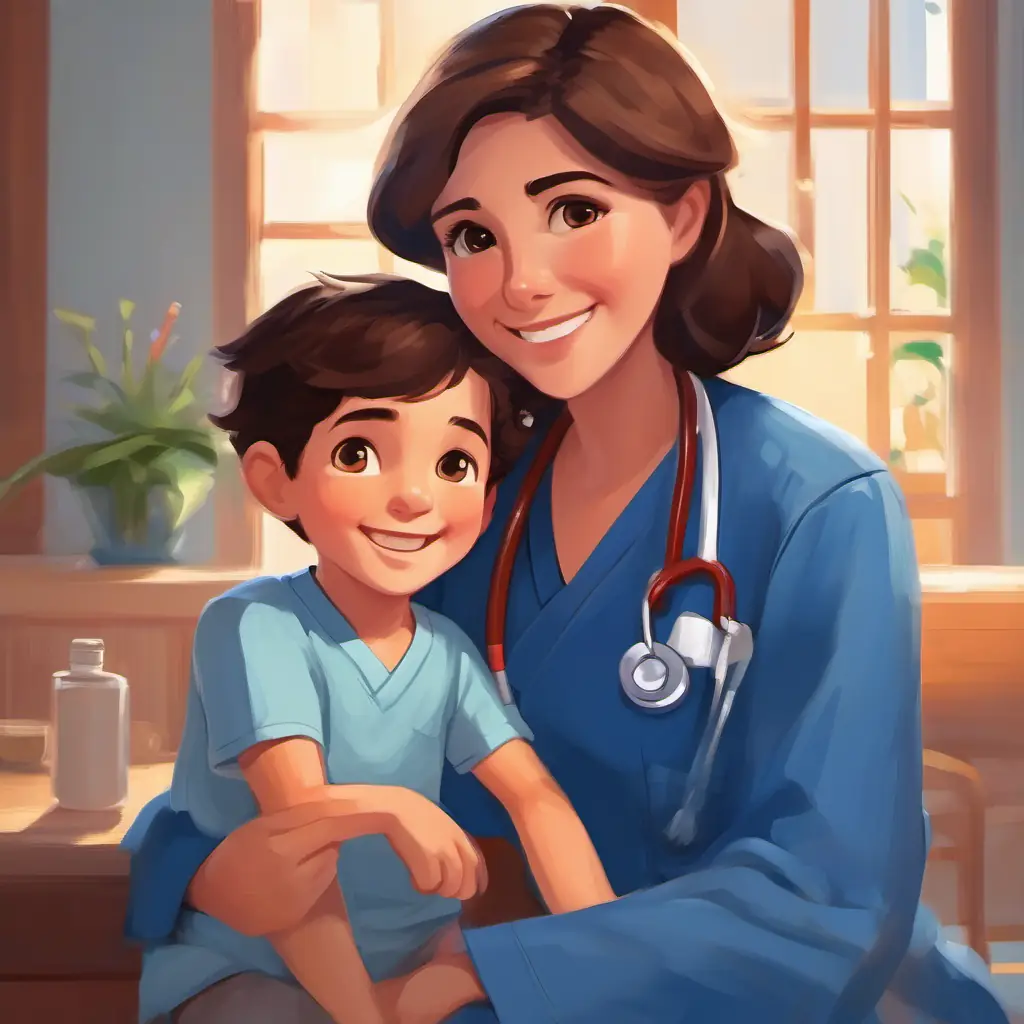 Warm smile, blue scrubs, kind eyes, brunette hair caring for Max with a cough, interaction with his mom.