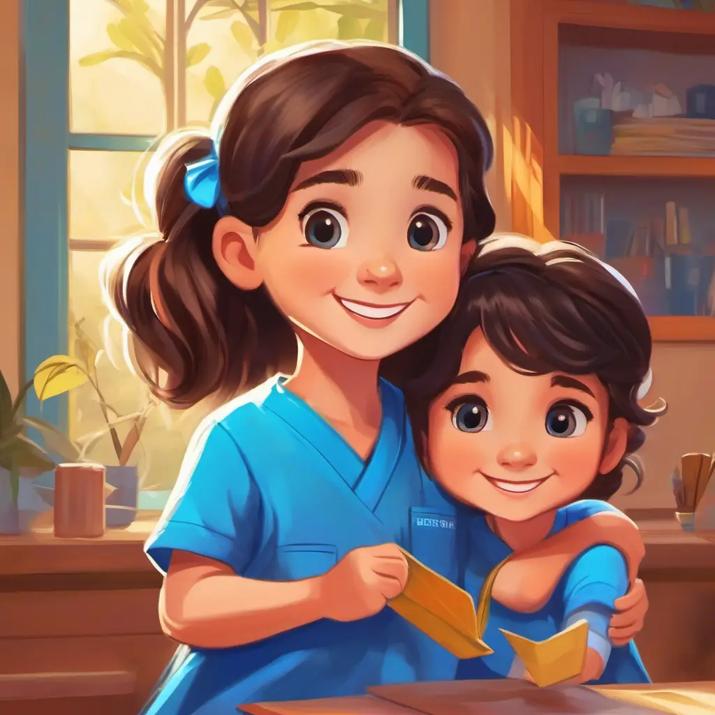 Grateful kids giving Warm smile, blue scrubs, kind eyes, brunette hair drawings as tokens of appreciation.
