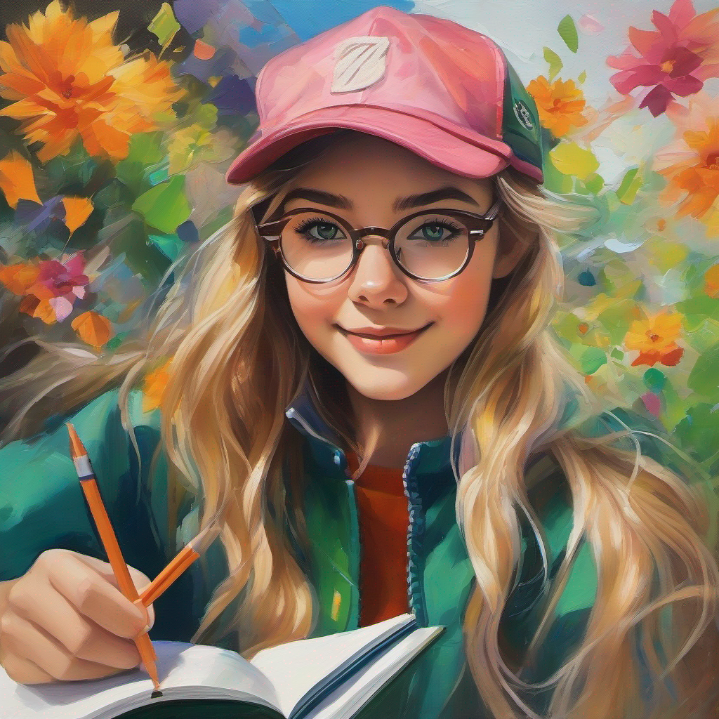 A new friendship blossoms as vibrant colors swirl around Messy brown hair, round glasses, holding a sketchbook and Blonde hair, bright green eyes, wearing a playful cap