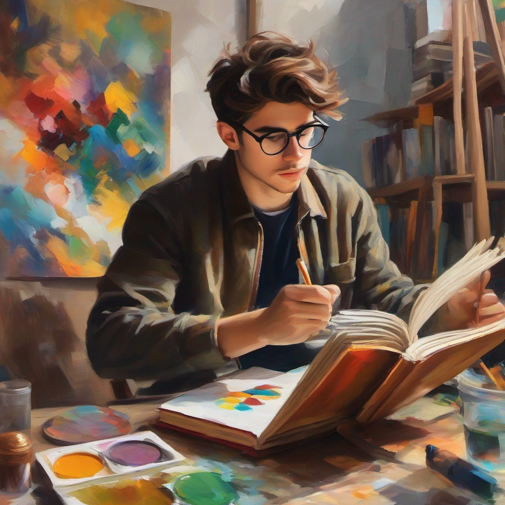 Messy brown hair, round glasses, holding a sketchbook discovers his hidden talents, represented by a colorful palette