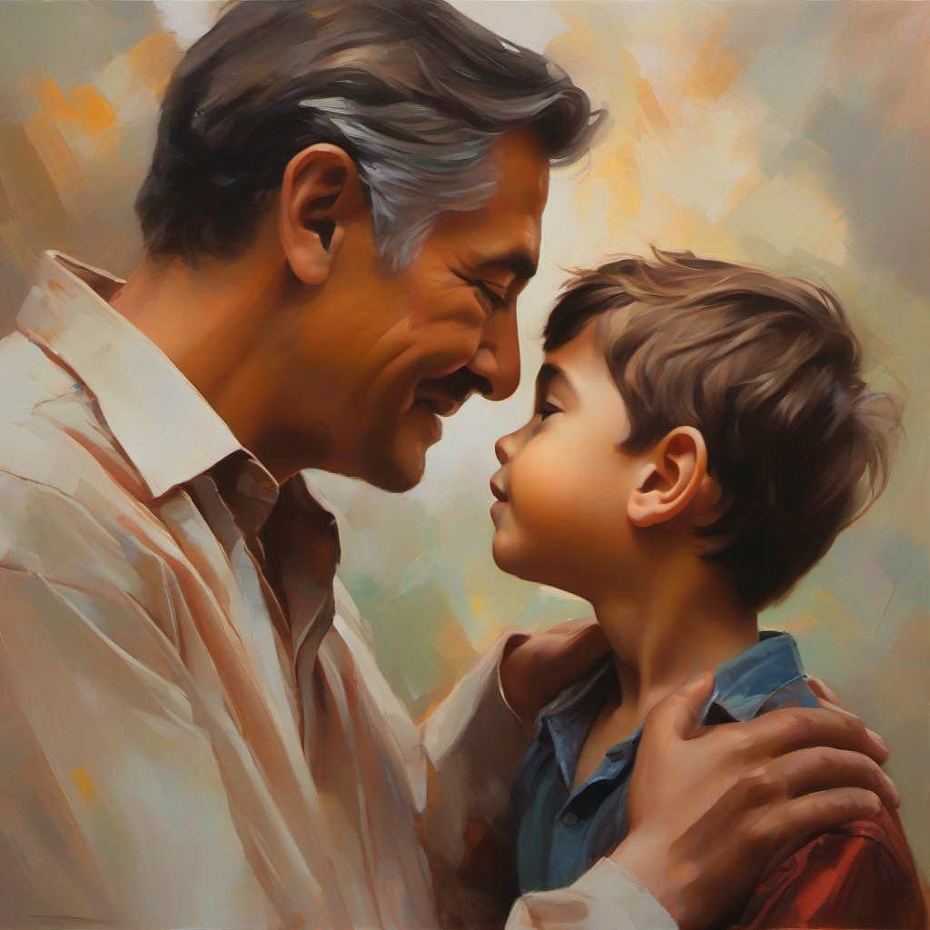 A tender moment between father and son, depicted with warm colors