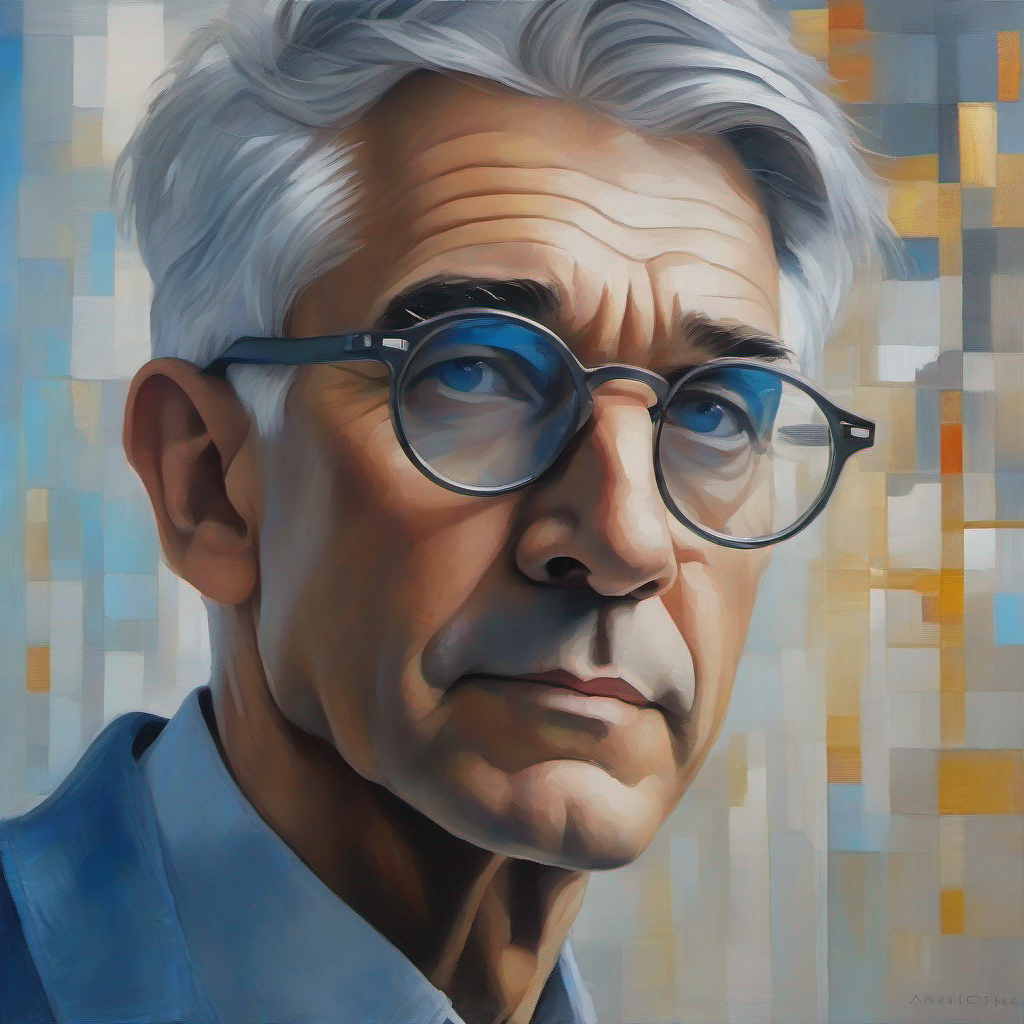 Faded gray hair, blue eyes, wearing spectacles's reflection portrayed in serene colors