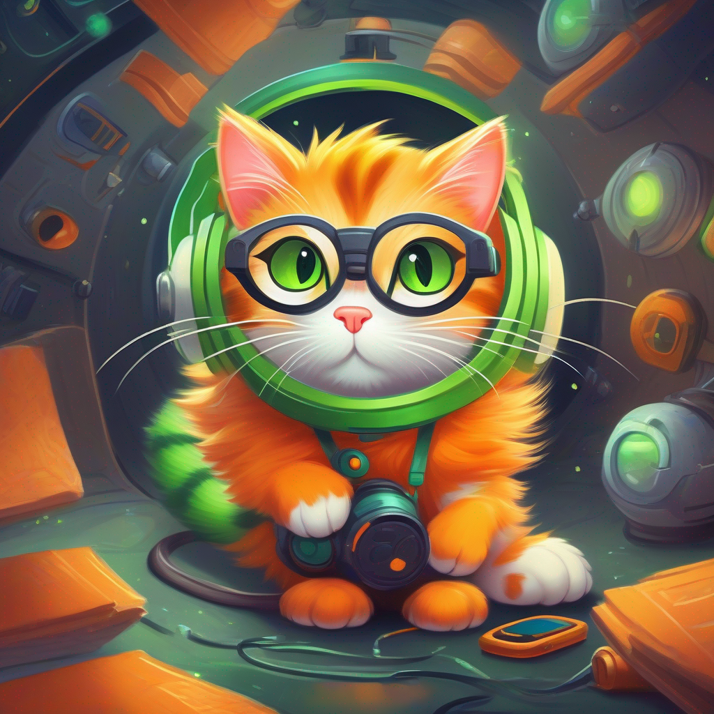 A determined cat with orange fur and bright green eyes and A clever mouse with gray fur and small glasses planning their space adventure, colorful and exciting