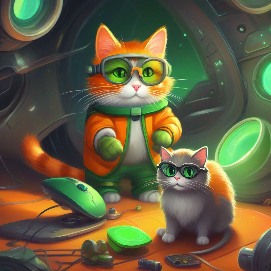 A determined cat with orange fur and bright green eyes and A clever mouse with gray fur and small glasses preparing their spaceship with determination, vibrant and informative