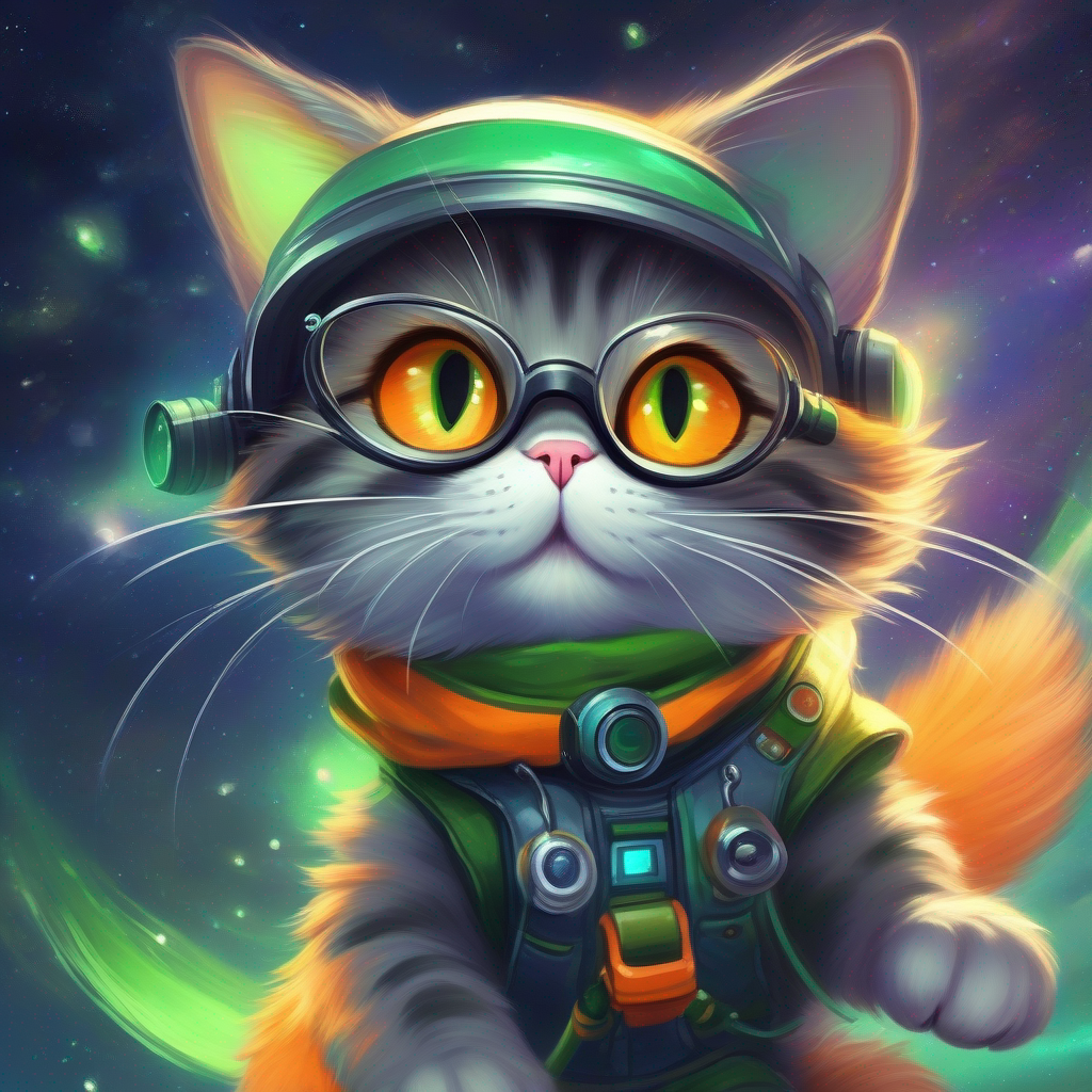 A determined cat with orange fur and bright green eyes and A clever mouse with gray fur and small glasses soaring through space, full of wonder and excitement