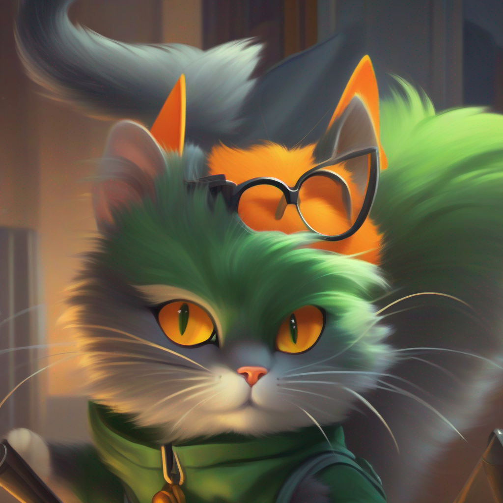 A determined cat with orange fur and bright green eyes and A clever mouse with gray fur and small glasses facing a challenge with determination and resourcefulness, action-packed