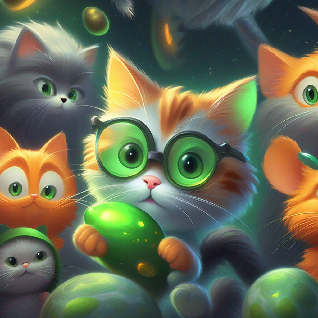 A determined cat with orange fur and bright green eyes and A clever mouse with gray fur and small glasses learning from friendly aliens, filled with excitement and enlightenment