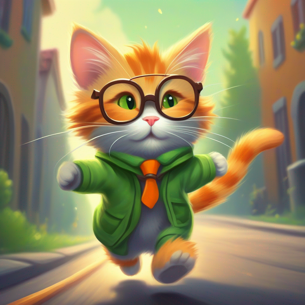 A determined cat with orange fur and bright green eyes and A clever mouse with gray fur and small glasses returning home triumphantly with determination and pride, joyful and celebratory