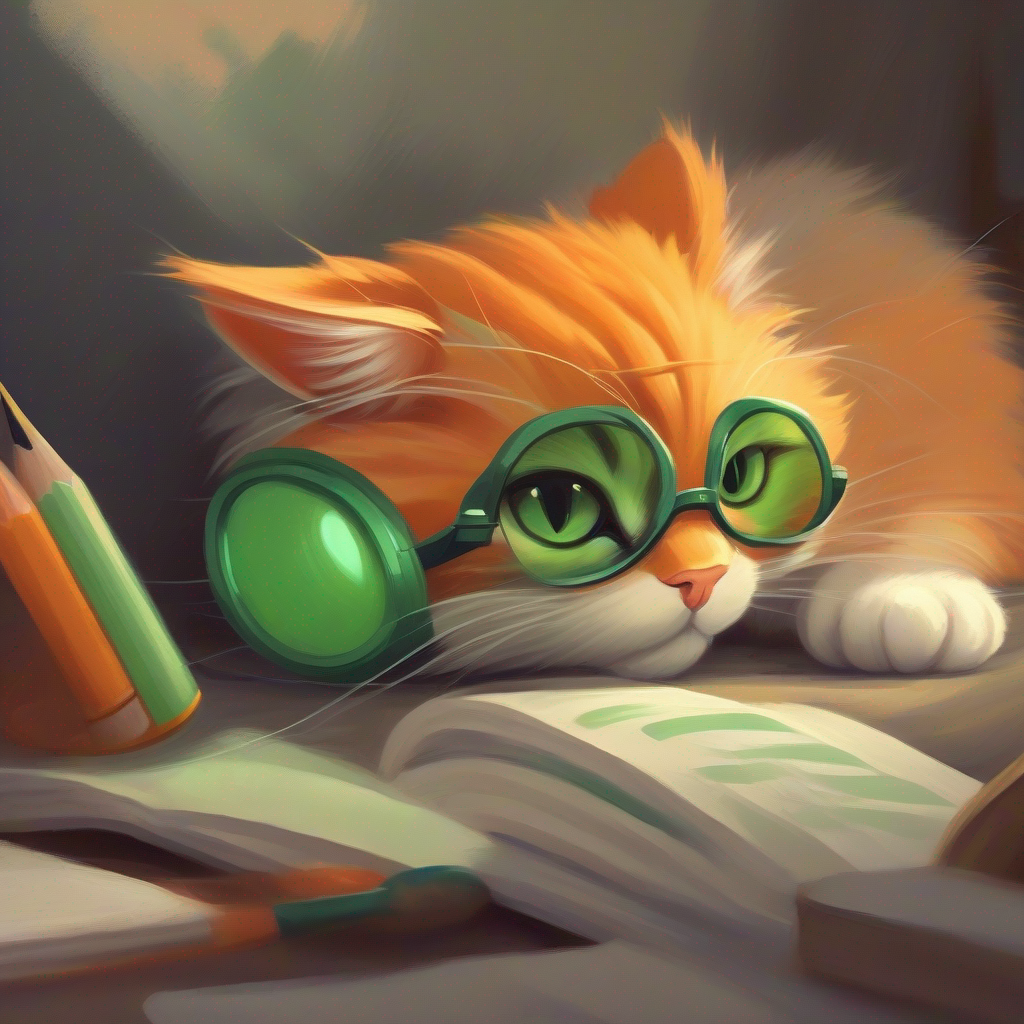 A determined cat with orange fur and bright green eyes and A clever mouse with gray fur and small glasses inspiring others with determination and knowledge, hopeful and encouraging