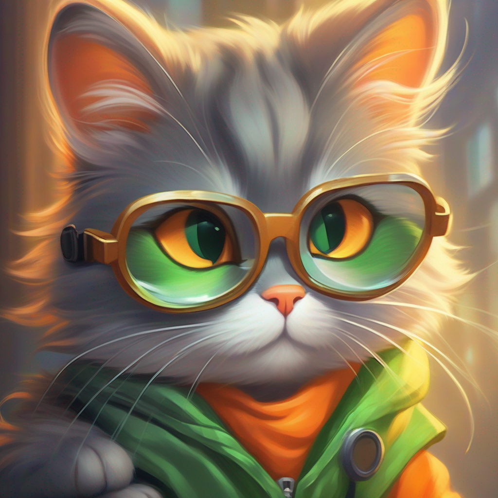 A determined cat with orange fur and bright green eyes and A clever mouse with gray fur and small glasses embracing their determination for future adventures, heartwarming and hopeful