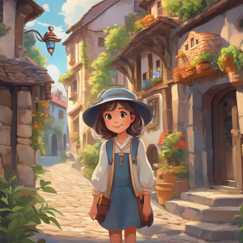 A small, quaint village with cobblestone streets. A curious little girl named a curious little girl with bright eyes and an adventurous smile, with bright eyes and an adventurous smile, looks around eagerly.