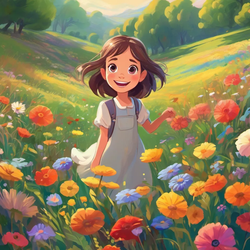 A vibrant and colorful meadow with flowers in every shade. a curious little girl with bright eyes and an adventurous smile, looking amazed and excited, wanders through the meadow.