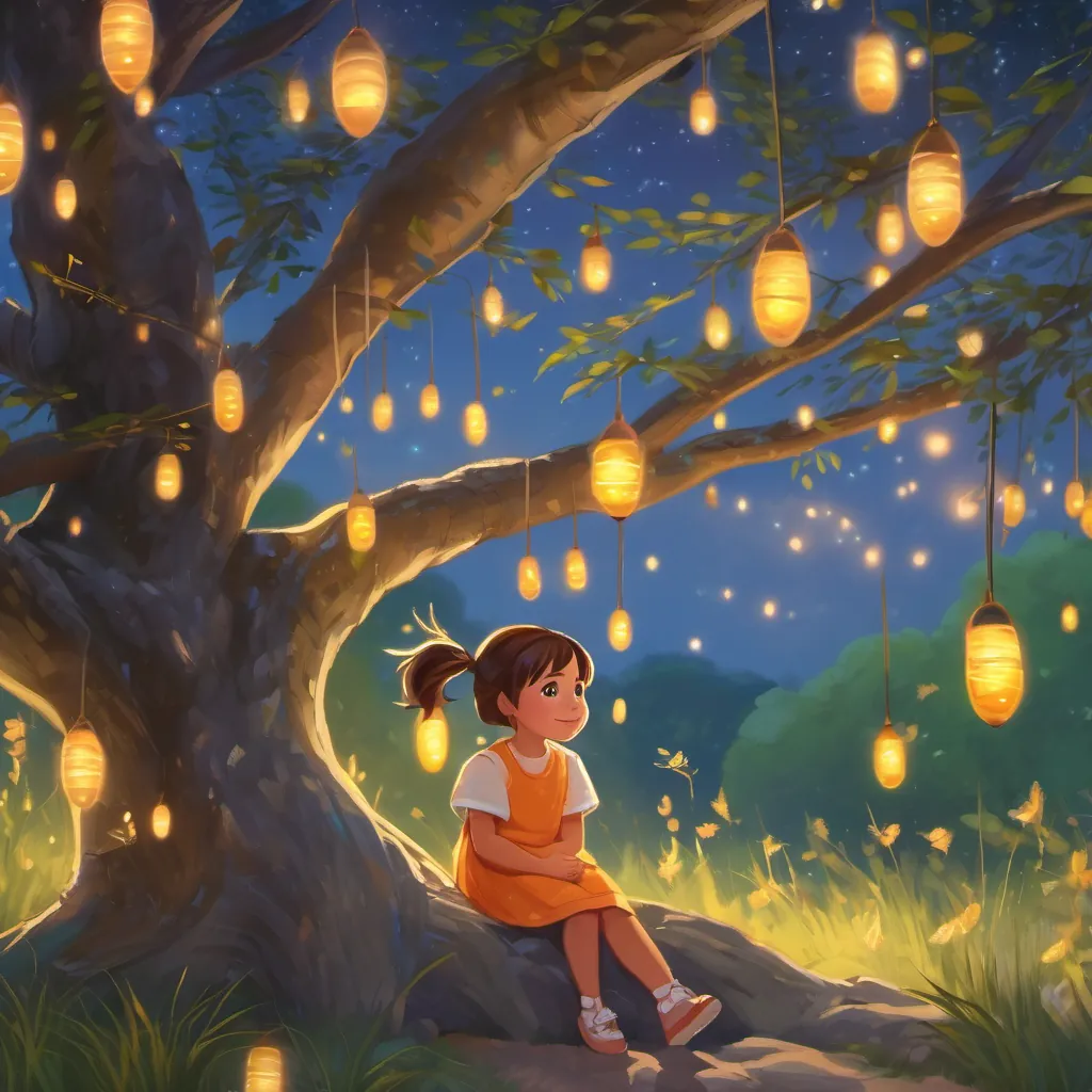 a curious little girl with bright eyes and an adventurous smile sitting under a willow tree, watching the fireflies with a look of awe on her face.