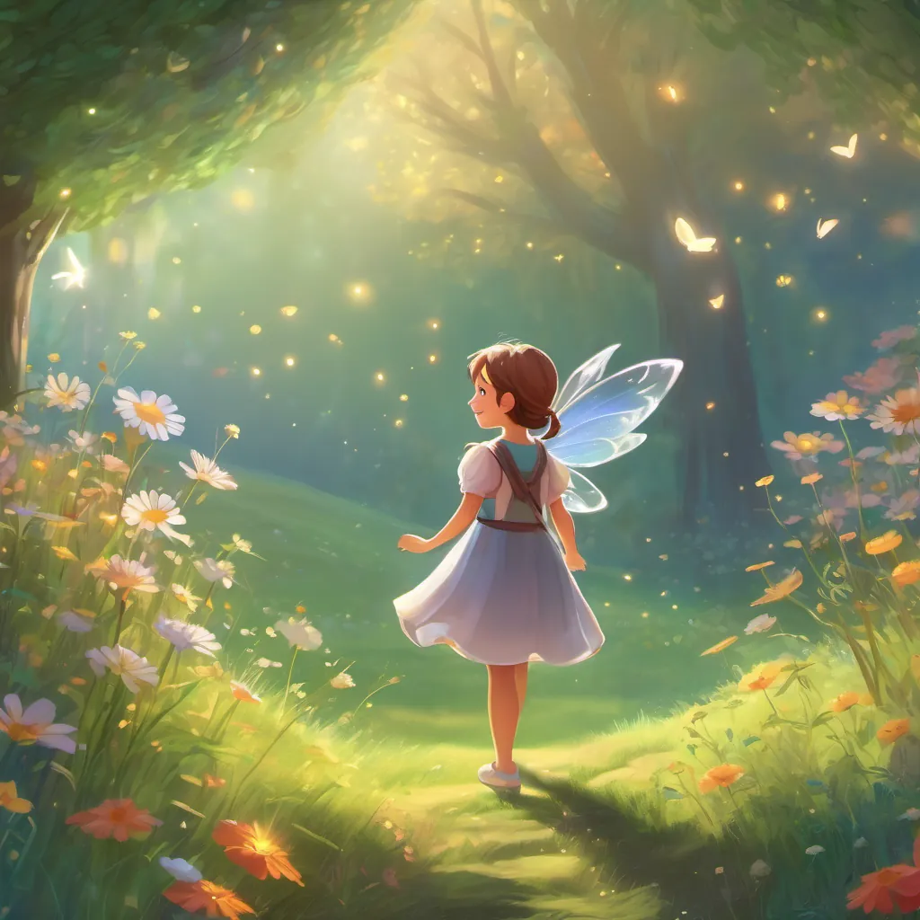 a tiny fairy with shimmering diamond wings and a twinkling aura the fairy saying goodbye to a curious little girl with bright eyes and an adventurous smile, who is looking back at the meadow with a grateful smile.