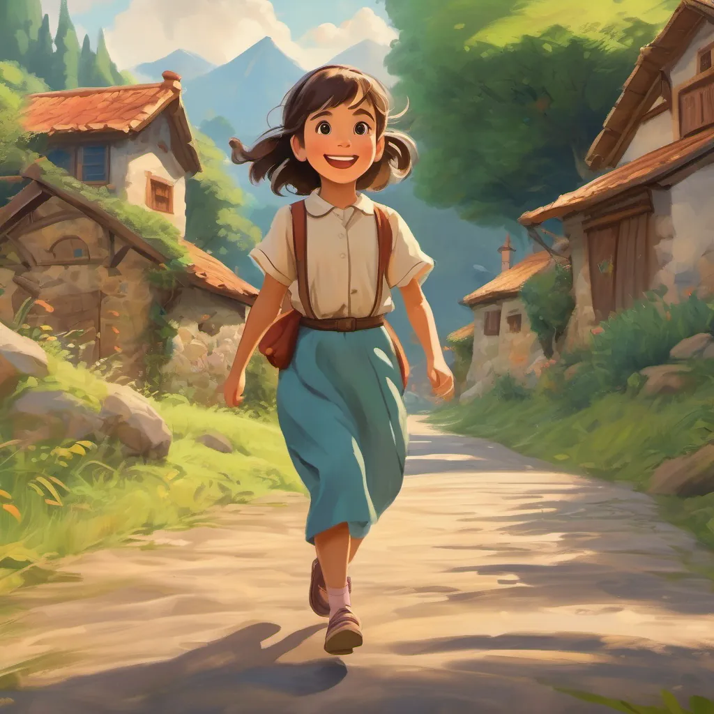 a curious little girl with bright eyes and an adventurous smile skipping back to her village with a joyous and content expression.