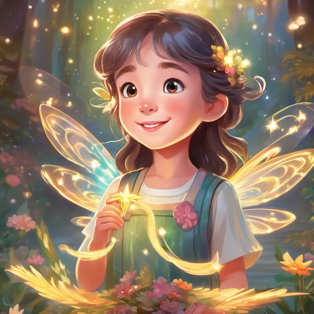 A shimmering fairy named a tiny fairy with shimmering diamond wings and a twinkling aura with sparkling wings, appearing in front of a curious little girl with bright eyes and an adventurous smile who looks surprised and happy.