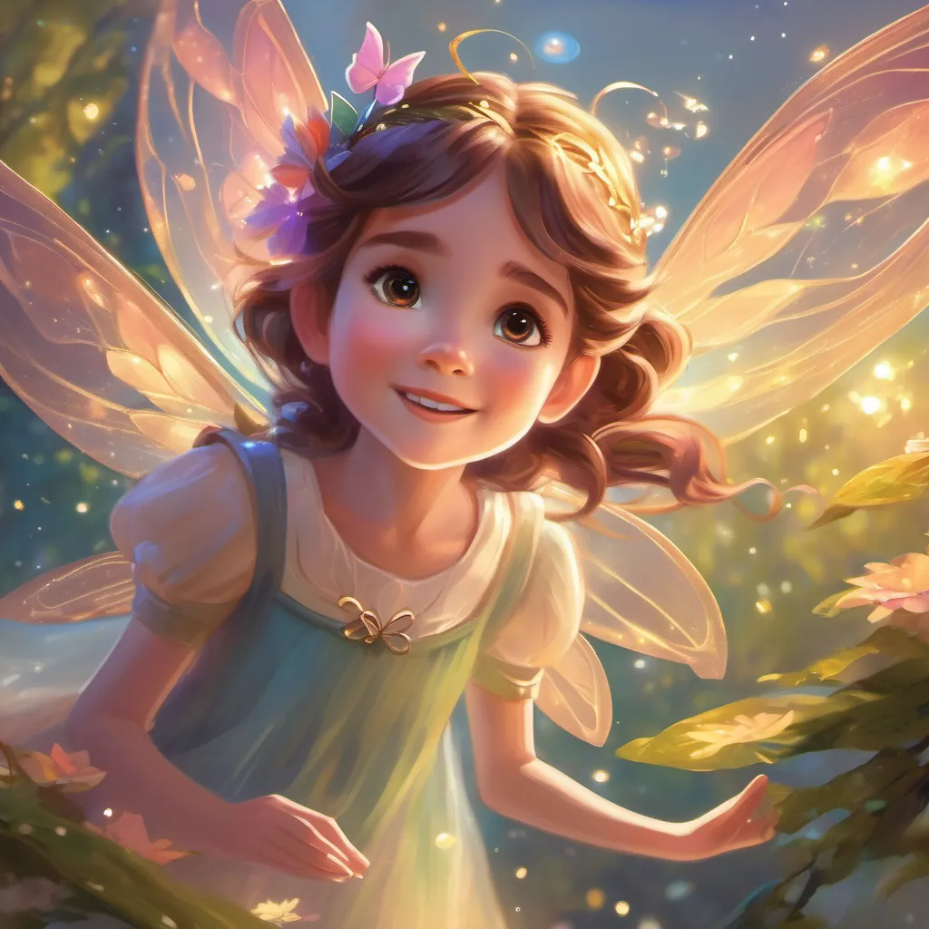 a tiny fairy with shimmering diamond wings and a twinkling aura the fairy hovering in the air with a magical glow around her, talking to a curious little girl with bright eyes and an adventurous smile.