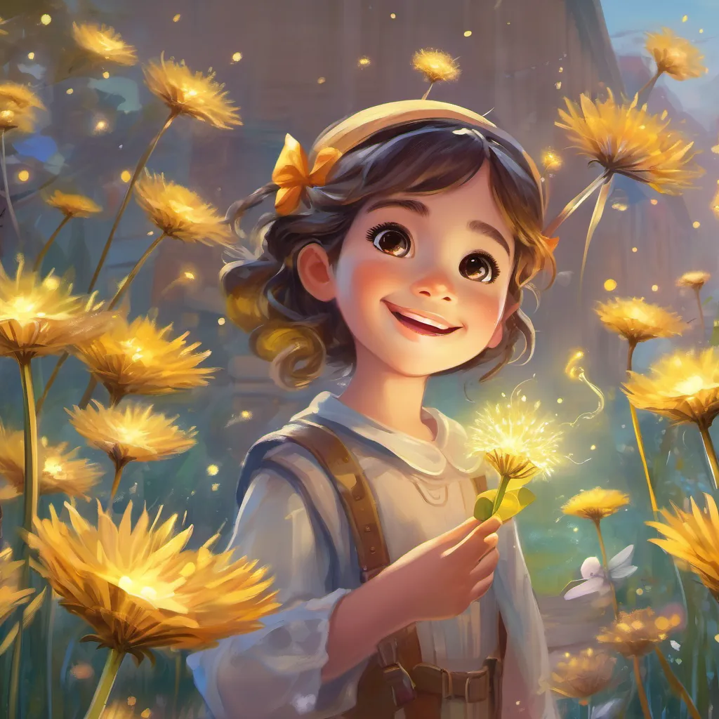 a curious little girl with bright eyes and an adventurous smile looking excited as a tiny fairy with shimmering diamond wings and a twinkling aura the fairy leads her to a talking dandelion named a cheerful dandelion with a big smile and the ability to sing.