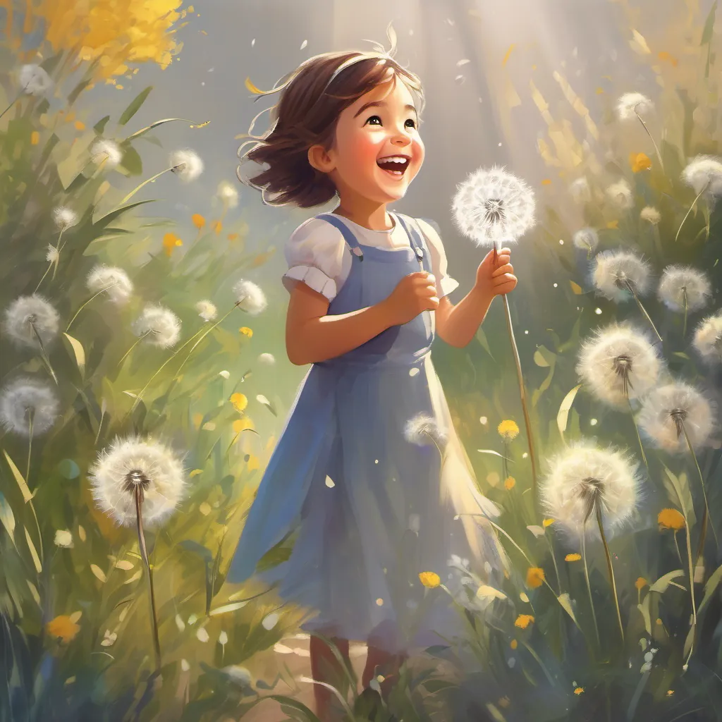 a curious little girl with bright eyes and an adventurous smile laughing with a cheerful dandelion with a big smile and the ability to sing the dandelion who looks very joyful.