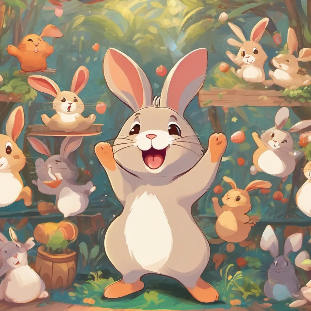 A lively bunny named a lively bunny who loves to dance and make funny faces, dancing around and making funny faces.