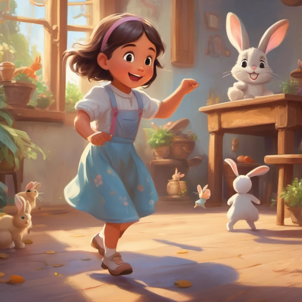 a curious little girl with bright eyes and an adventurous smile and a lively bunny who loves to dance and make funny faces the bunny dancing and falling to the ground, both laughing.