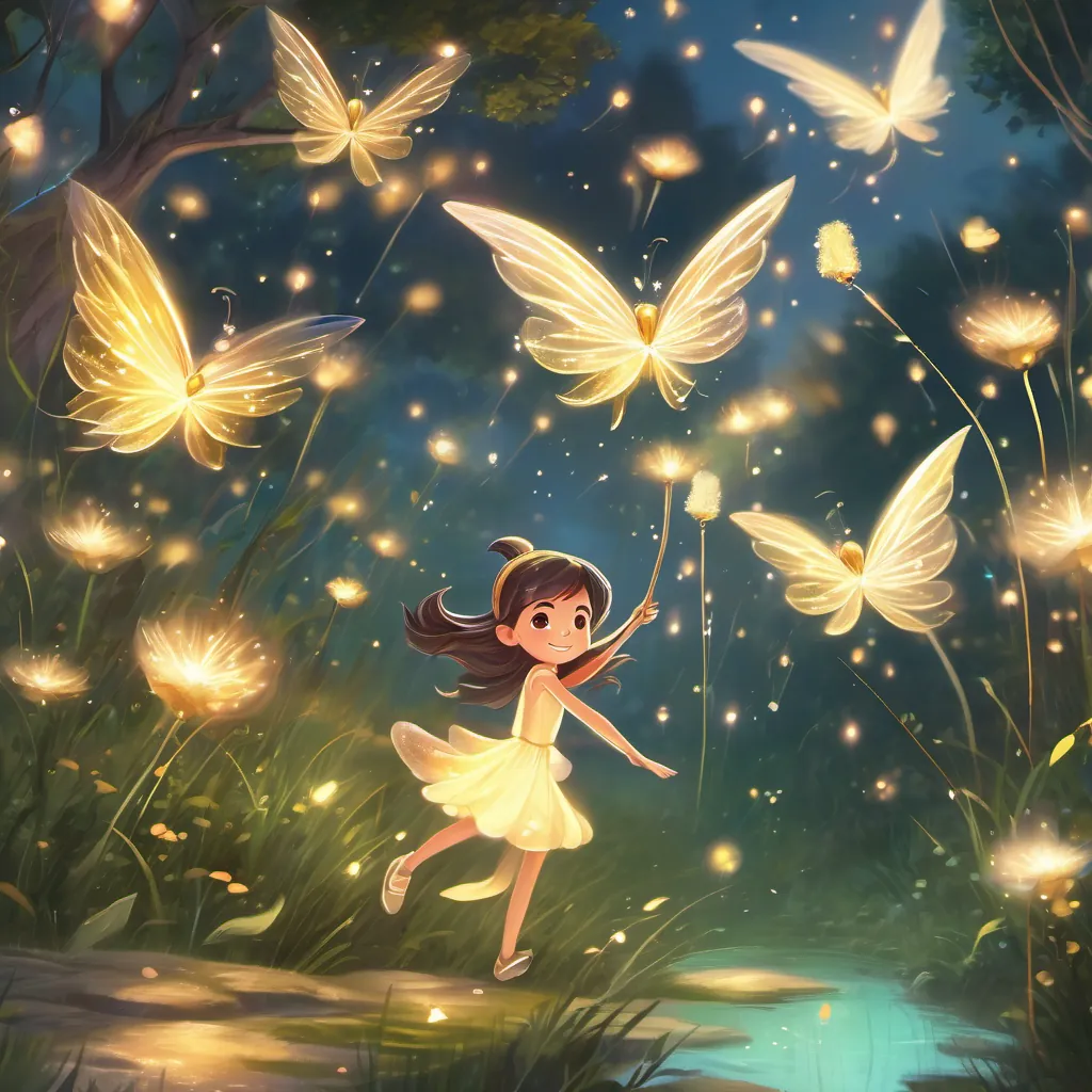 a tiny fairy with shimmering diamond wings and a twinkling aura the fairy waving her wand, causing fireflies to light up the darkening meadow.