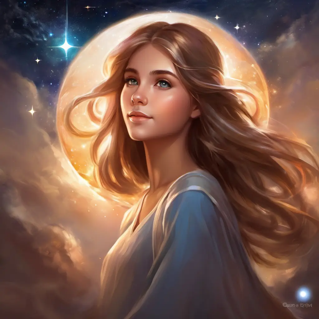 Girl with light brown hair, curious sparkling eyes, imaginative dreamer realizes her feelings for New student interested in stars, warm smile, kind brown eyes as she gazes at her Guiding Star.