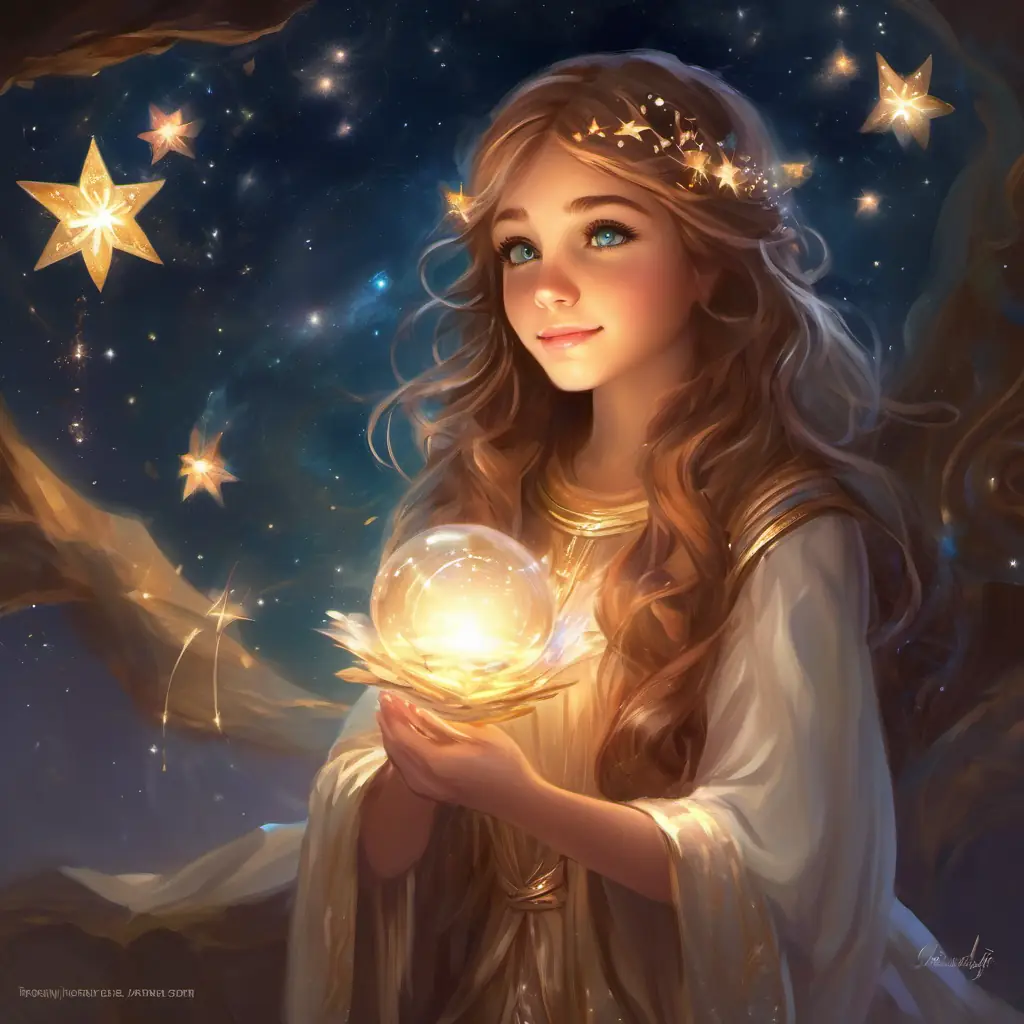 Girl with light brown hair, curious sparkling eyes, imaginative dreamer makes a new wish, hopeful about her future with New student interested in stars, warm smile, kind brown eyes.